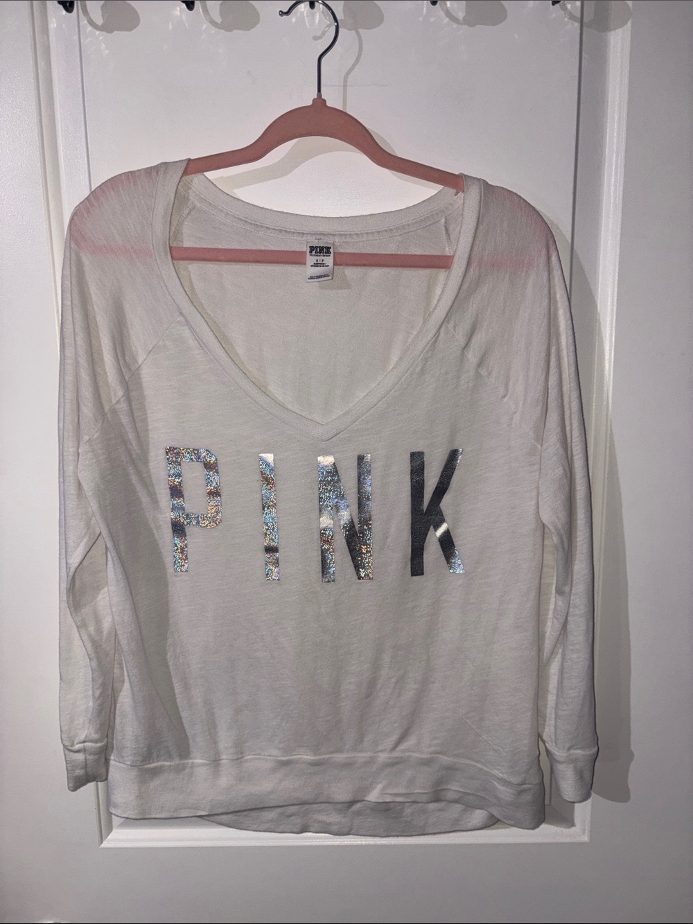 PINK Victoria's Secret White V-Neck Long Sleeve with Holographic Logo
